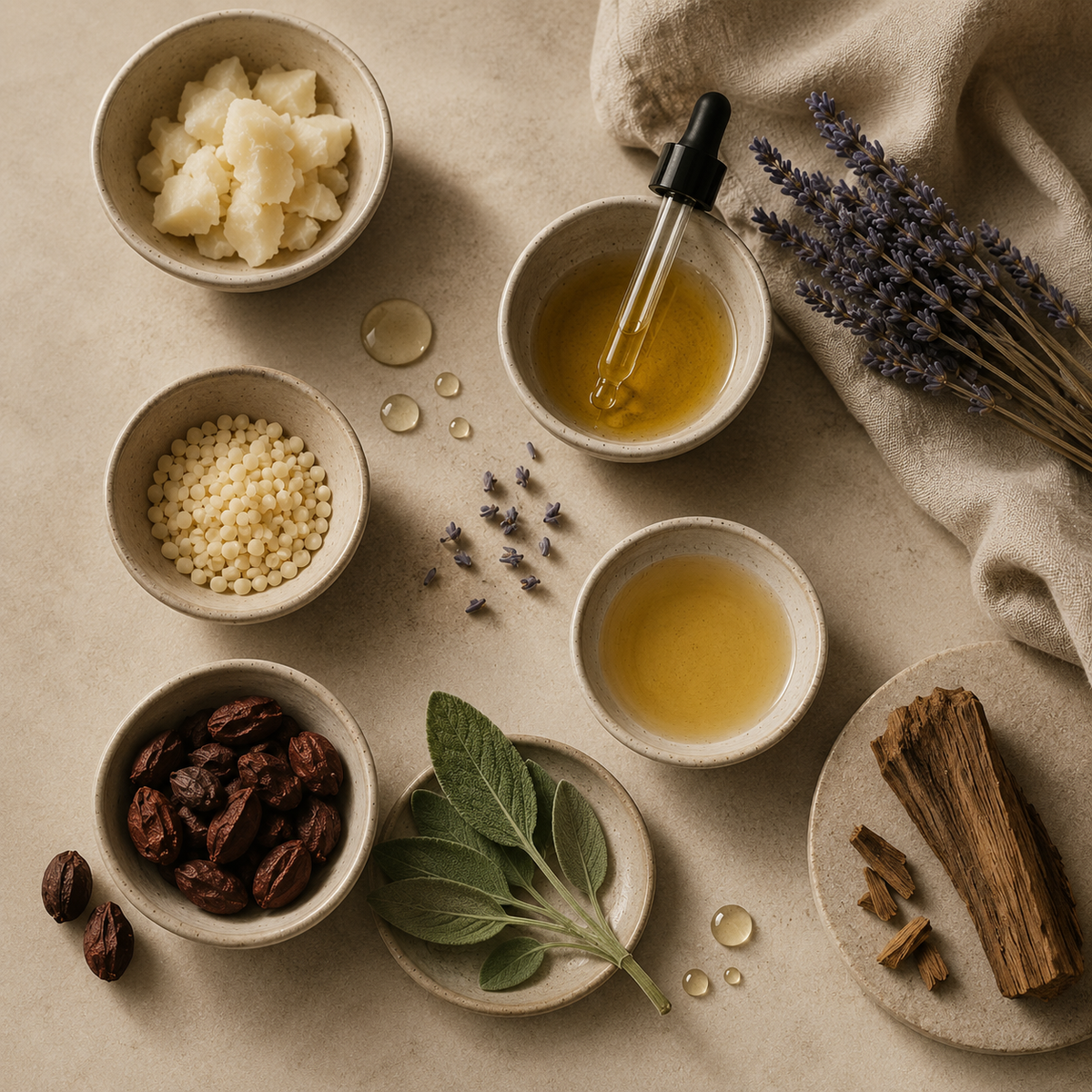 Botanical ritual ingredients arranged on a warm neutral surface