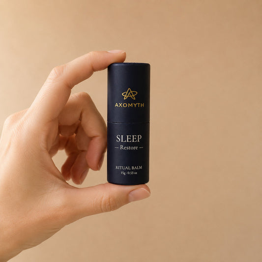 AXOMYTH SLEEP ritual balm held between fingers, showing true size