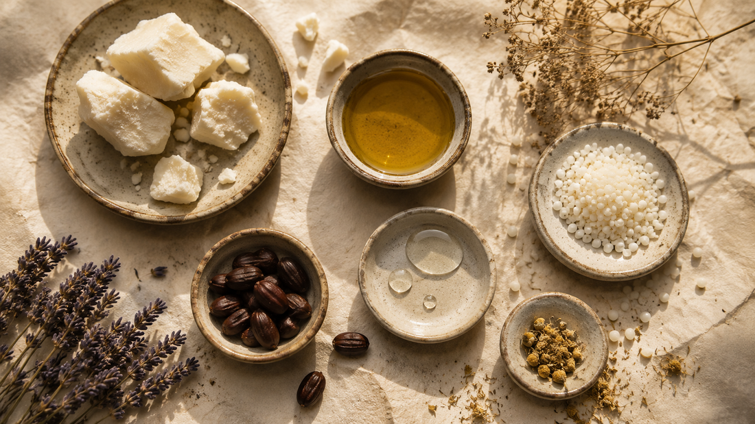 Botanical skincare ingredients in ceramic bowls — kokum butter, jojoba oil, candelilla wax for anhydrous formula