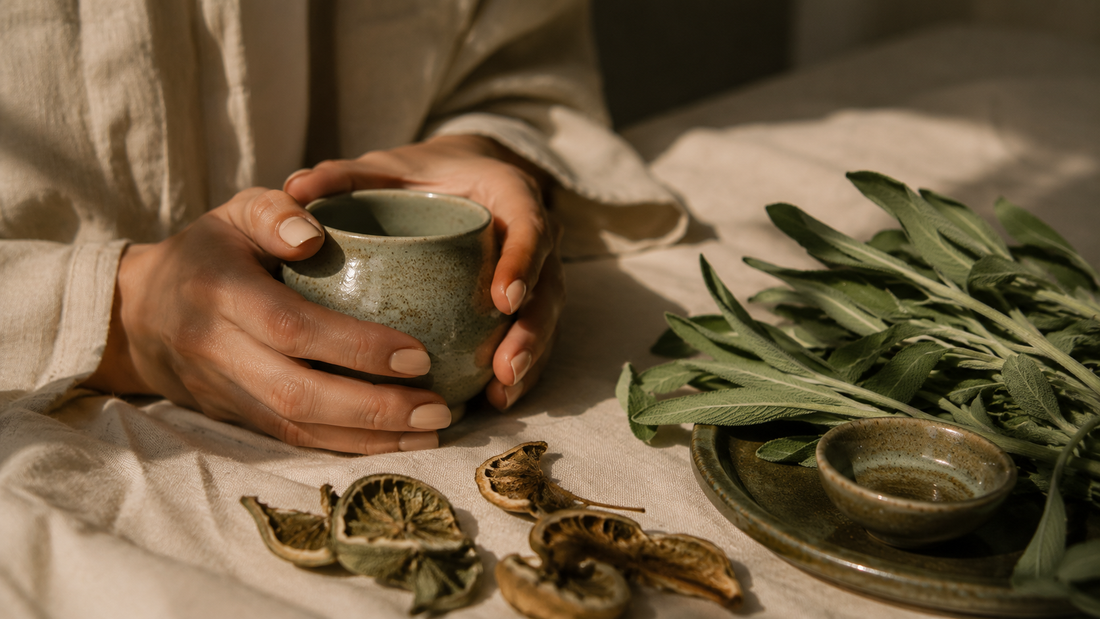 Hands holding sage green ceramic vessel with dried bergamot leaves — two-minute calming ritual for stress