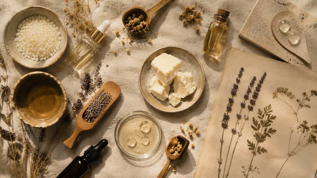 Organized flat lay of botanical skincare ingredients — vegan, anhydrous, IFRA compliant standards