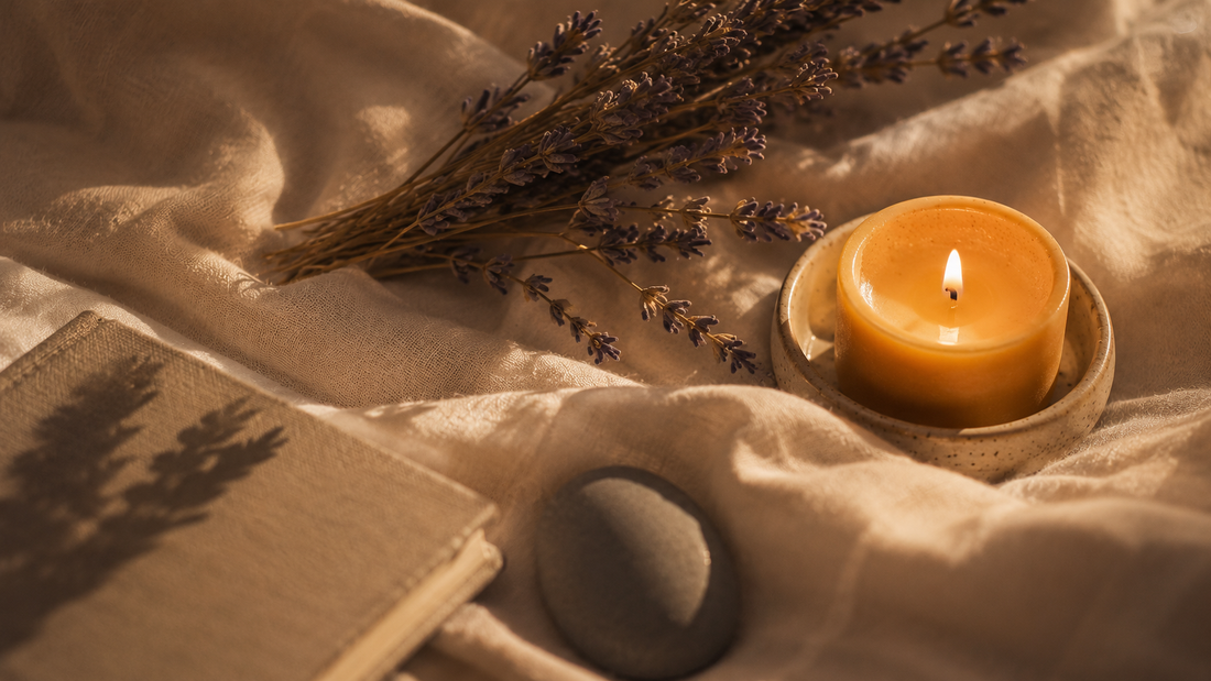 Atmospheric still life with candle, dried lavender, and journal — evening ritual for nervous system reset