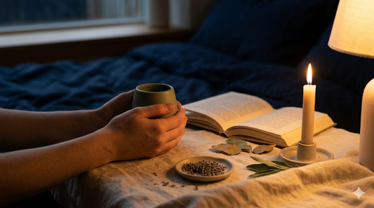 Bedside still life at dusk with candle, lavender, and book — evening wind down ritual for sleep