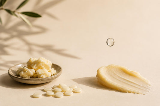 Kokum butter, wax pellets and the SLEEP tube arranged in a flat lay