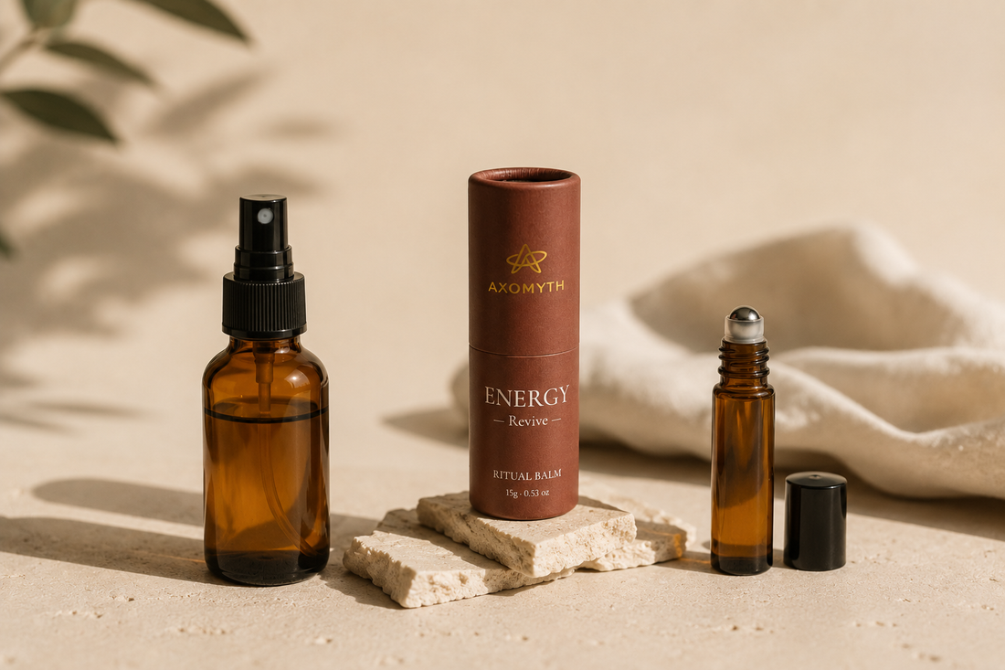 Pillow spray, roll-on bottle, and ENERGY balm tube compared side by side