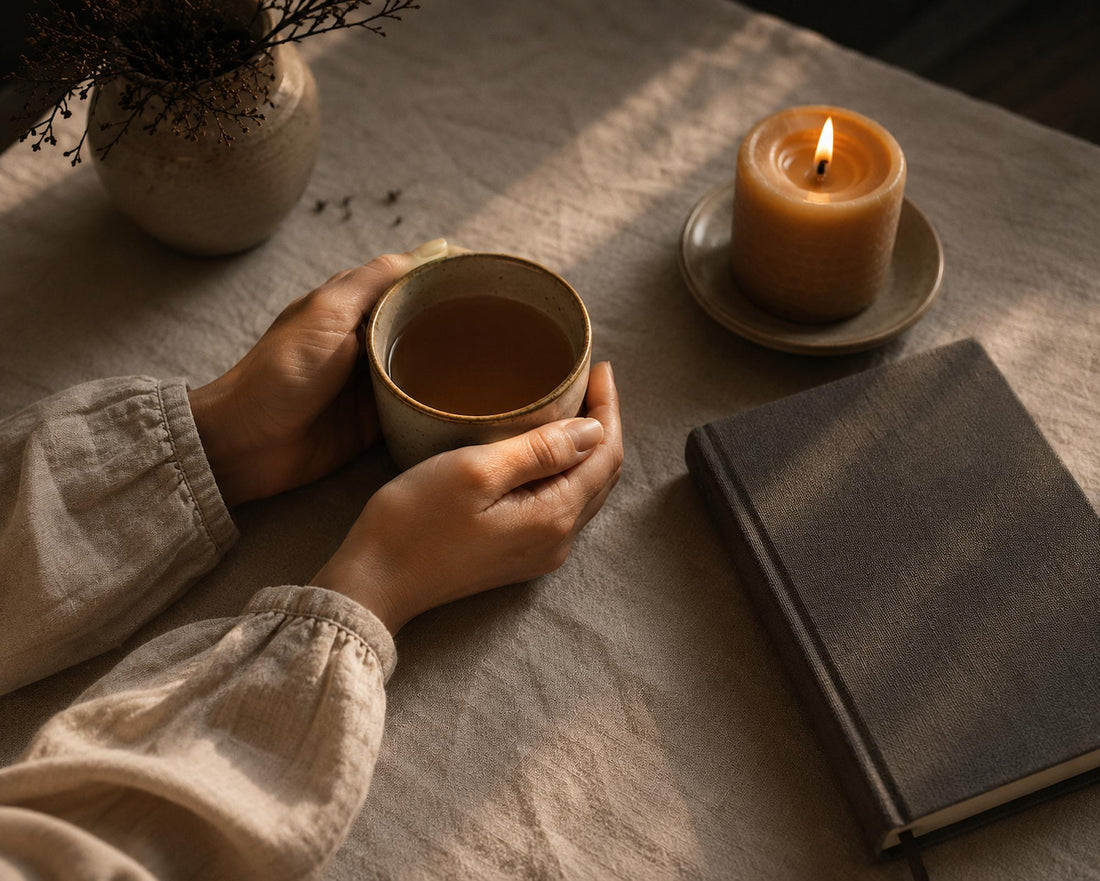  Hands resting around a warm tea cup beside a lit candle and notebook