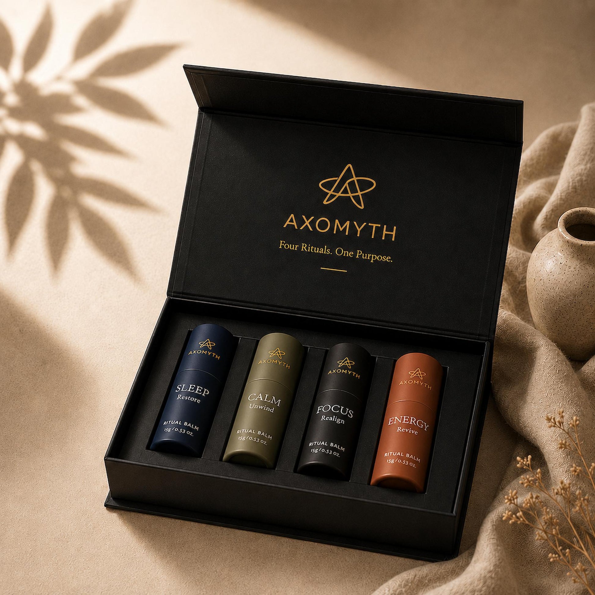 AXOMYTH Complete Ritual Set — box with SLEEP, CALM, FOCUS and ENERGY ritual balms