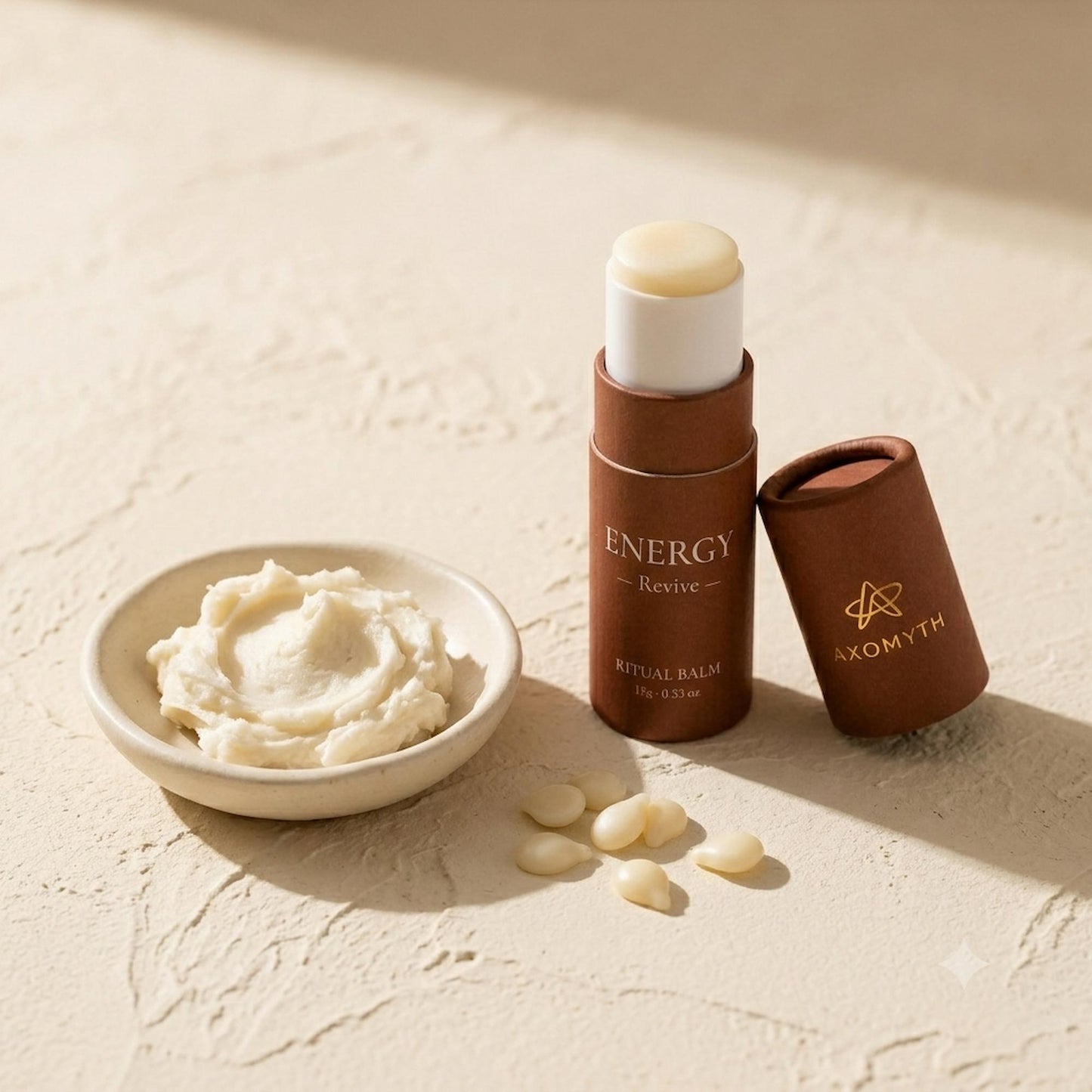  Raw ingredients for AXOMYTH ENERGY — butter, wax pellets and the ritual balm tube