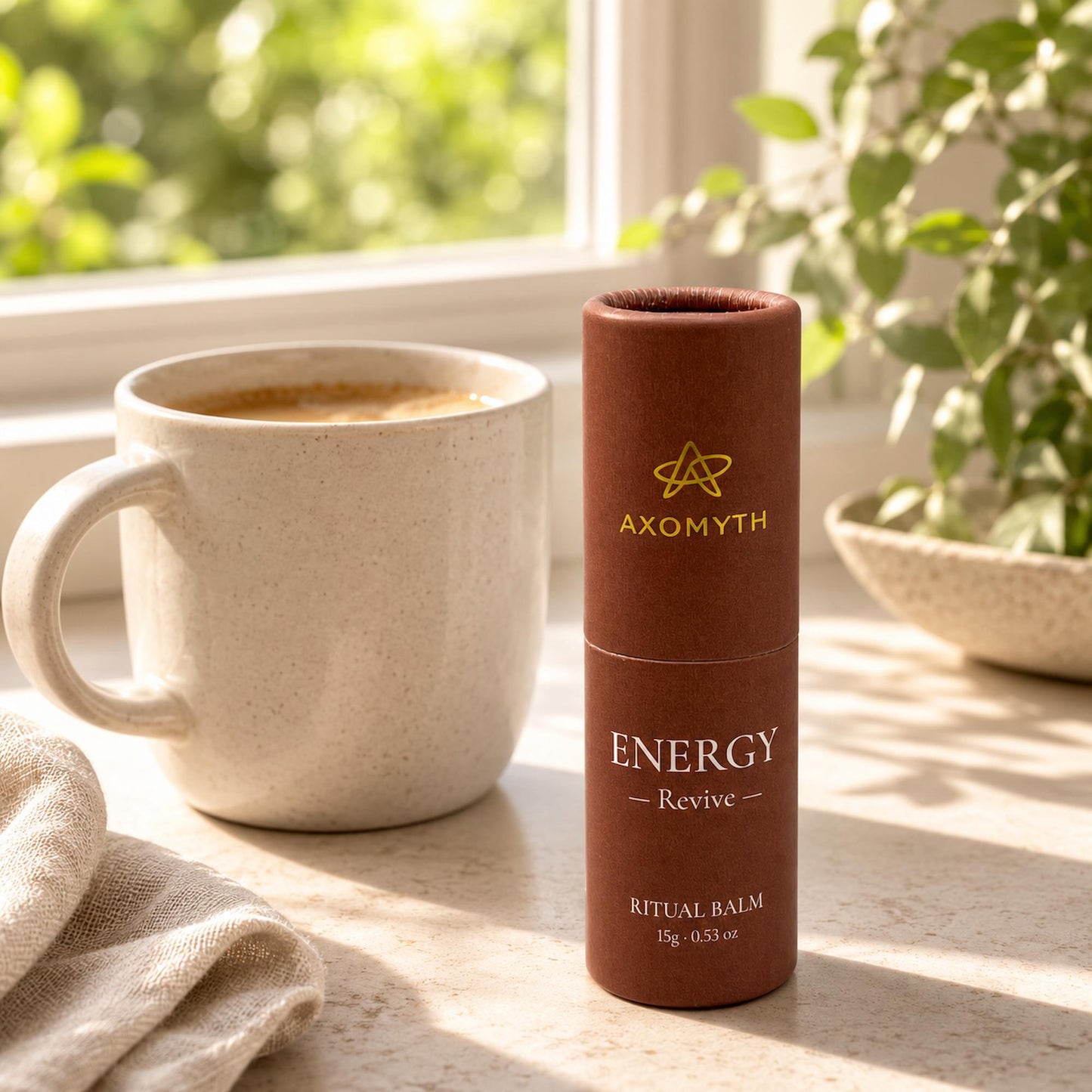 AXOMYTH ENERGY ritual balm on a sunlit windowsill with coffee and greenery
