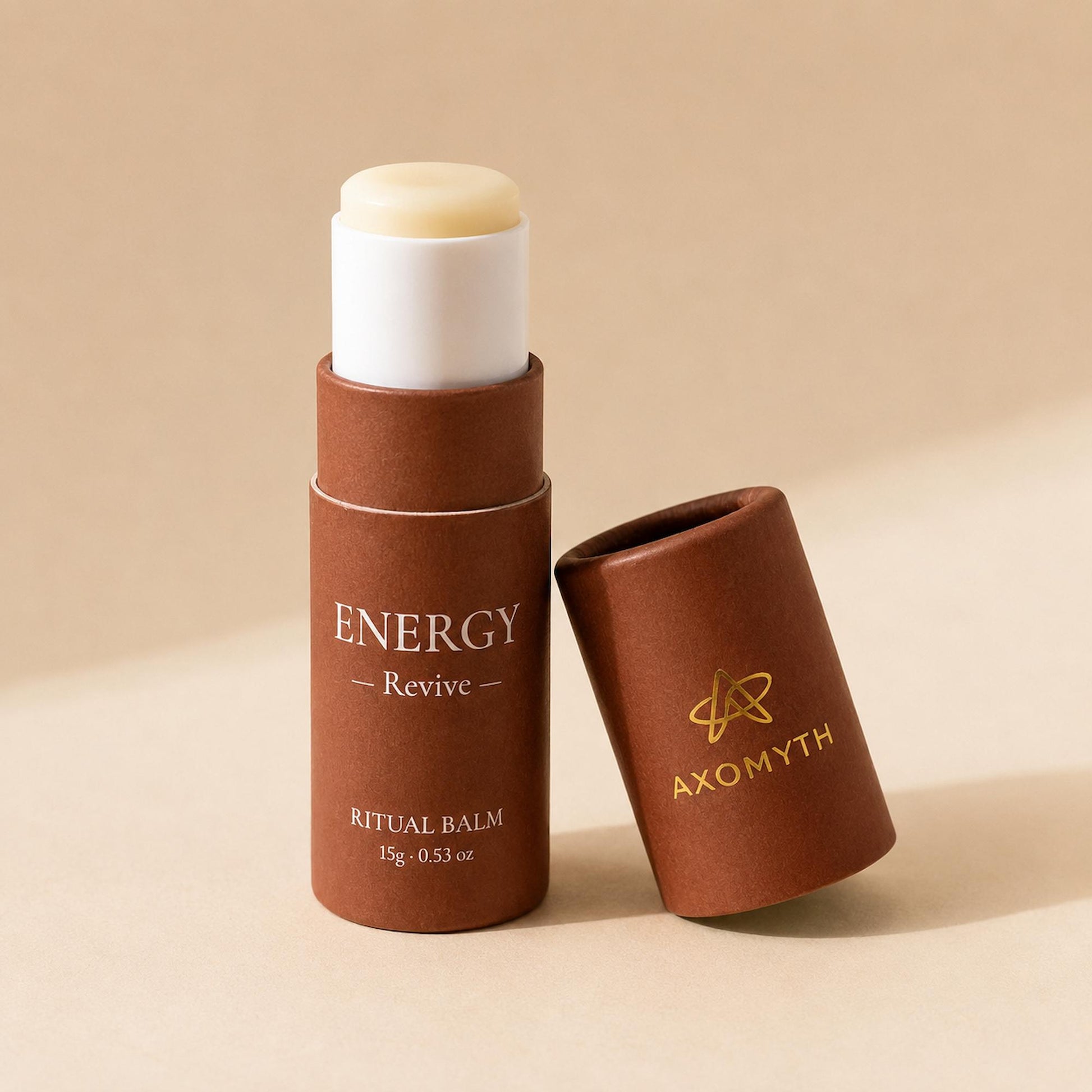 AXOMYTH ENERGY ritual balm, cap removed, balm visible on the push-up mechanism