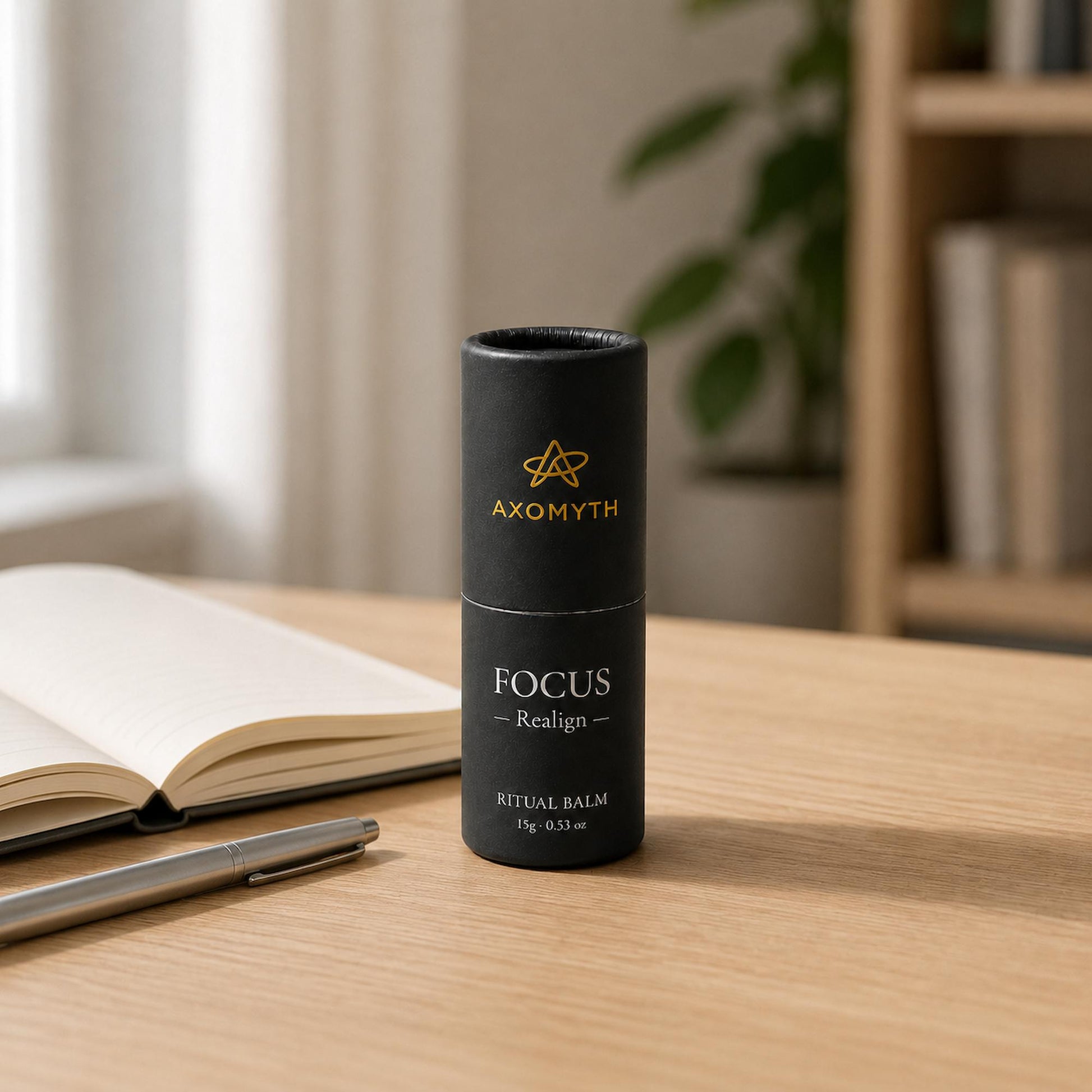 AXOMYTH FOCUS ritual balm on a desk with notebook, daylight setting