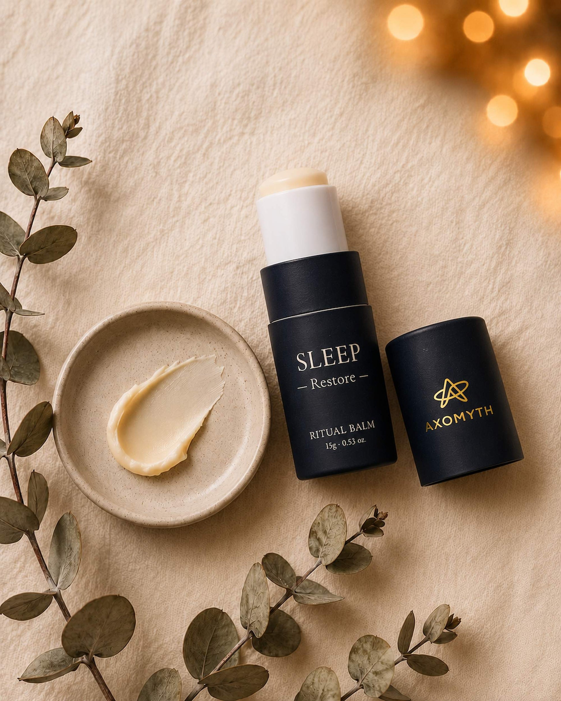 AXOMYTH SLEEP ritual balm flat lay with balm swatch, eucalyptus and warm evening lights