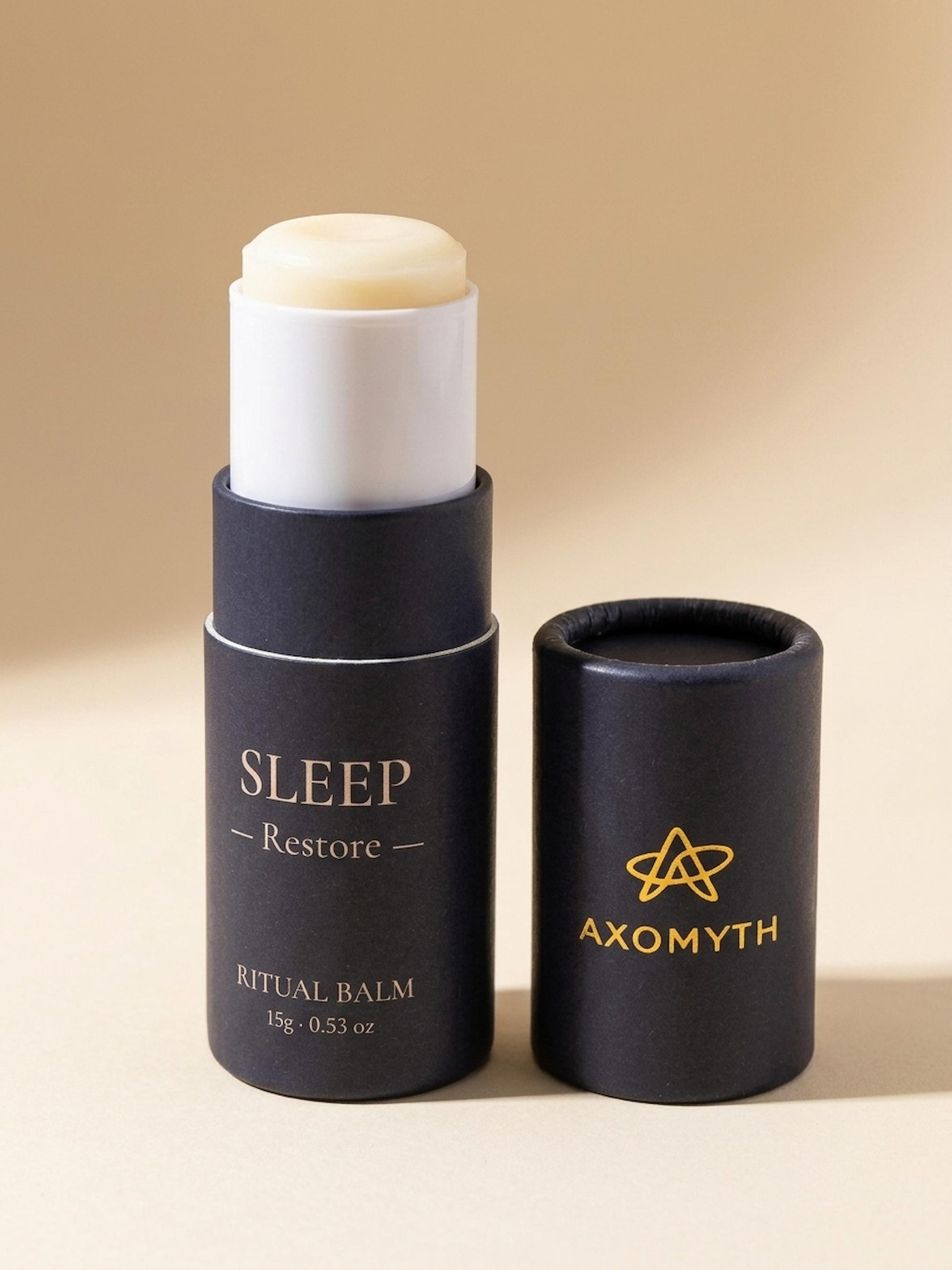 AXOMYTH SLEEP ritual balm, cap removed, balm visible on the push-up mechanism